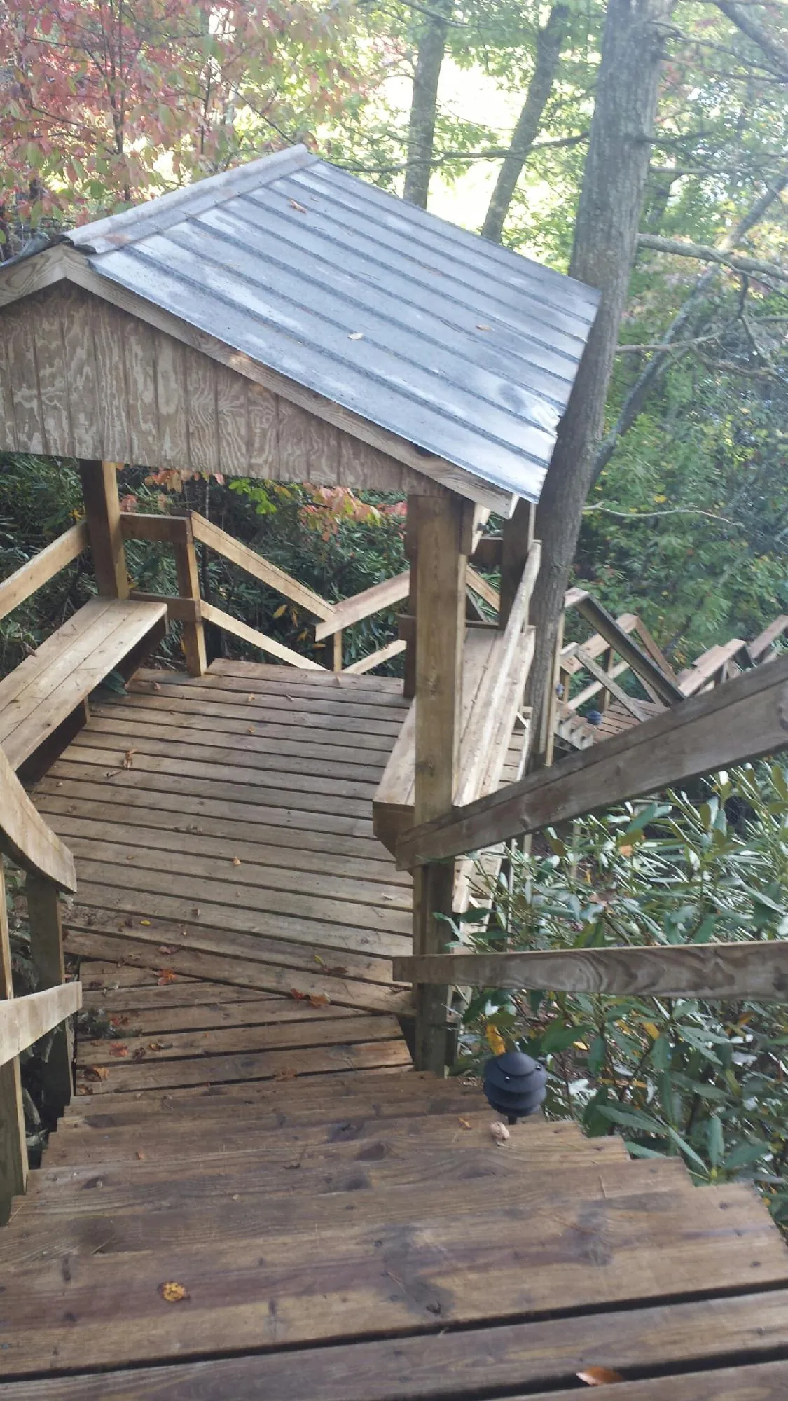 Metal roofed shelter over wooden steps on a wooded walkway — Skylight Repair & Installation work by our crew in Genesee